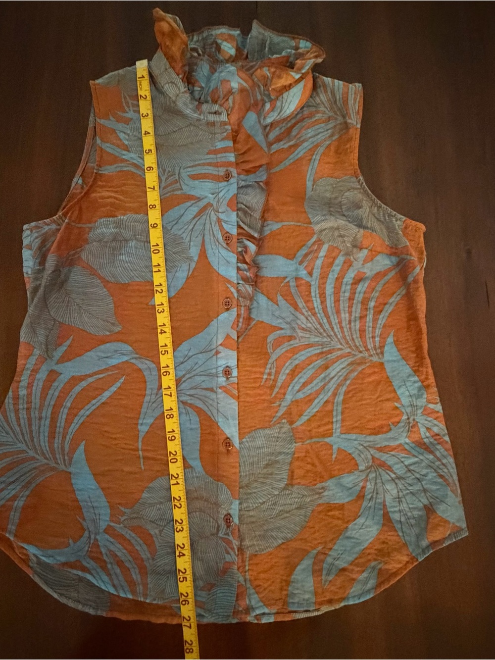 CAbi Sheer Blouse in Rust & Slate Blue Tropical print. - Picture 8 of 8